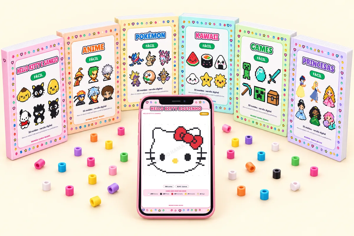 Os arquivos da coleção, um por tema, e o molde da Hello Kitty aberto no celular