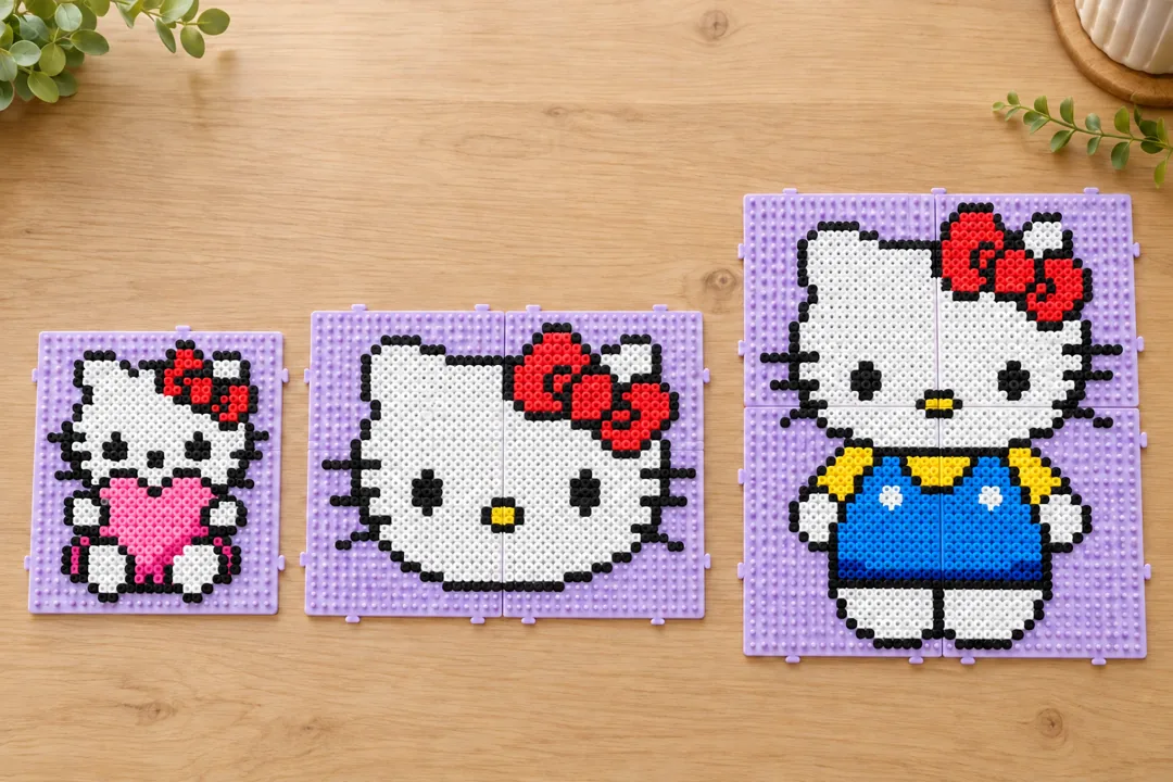 A mesma Hello Kitty montada no fácil (1 placa), no médio (2 placas) e no difícil (4 placas)