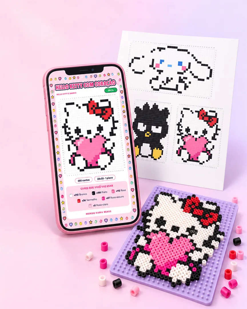 O molde da Hello Kitty no celular, a folha impressa e a peça pronta