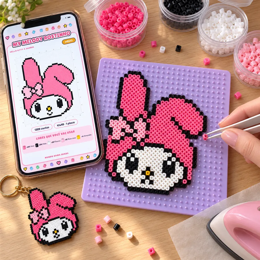 My Melody sendo montada com o molde no celular